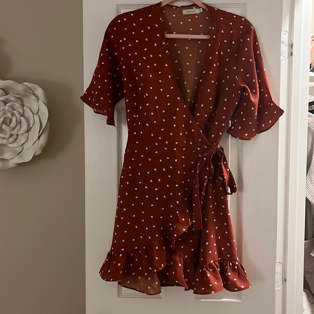 Red, Heart Print Wrap Dress